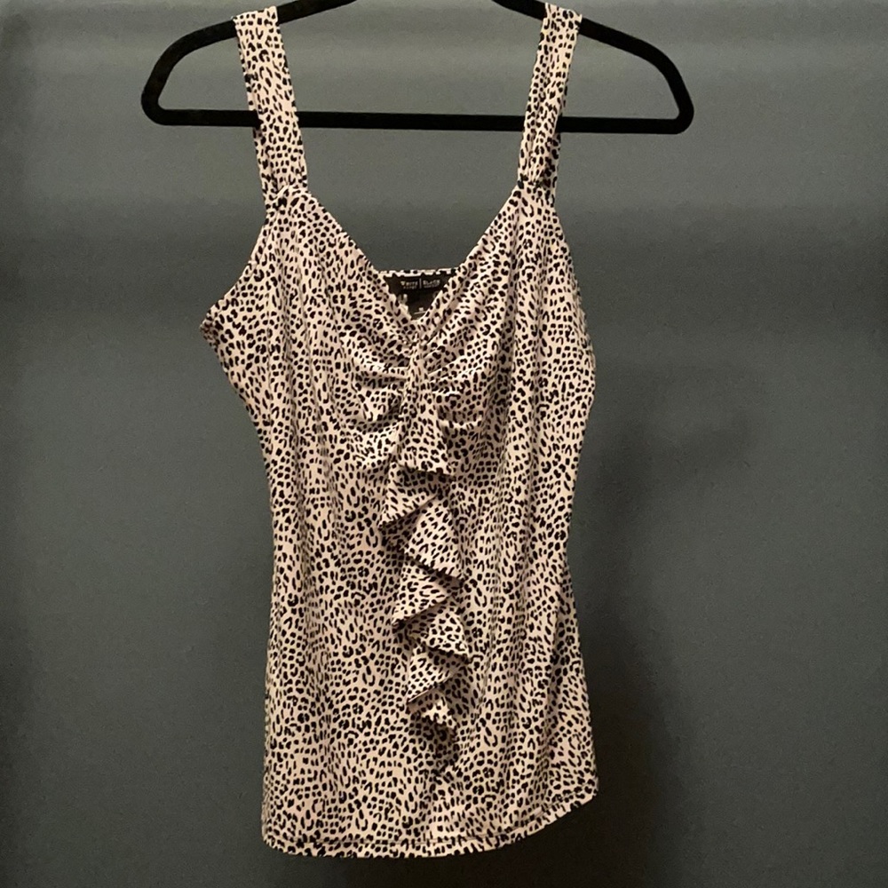Black and white animal print ruffled blouse